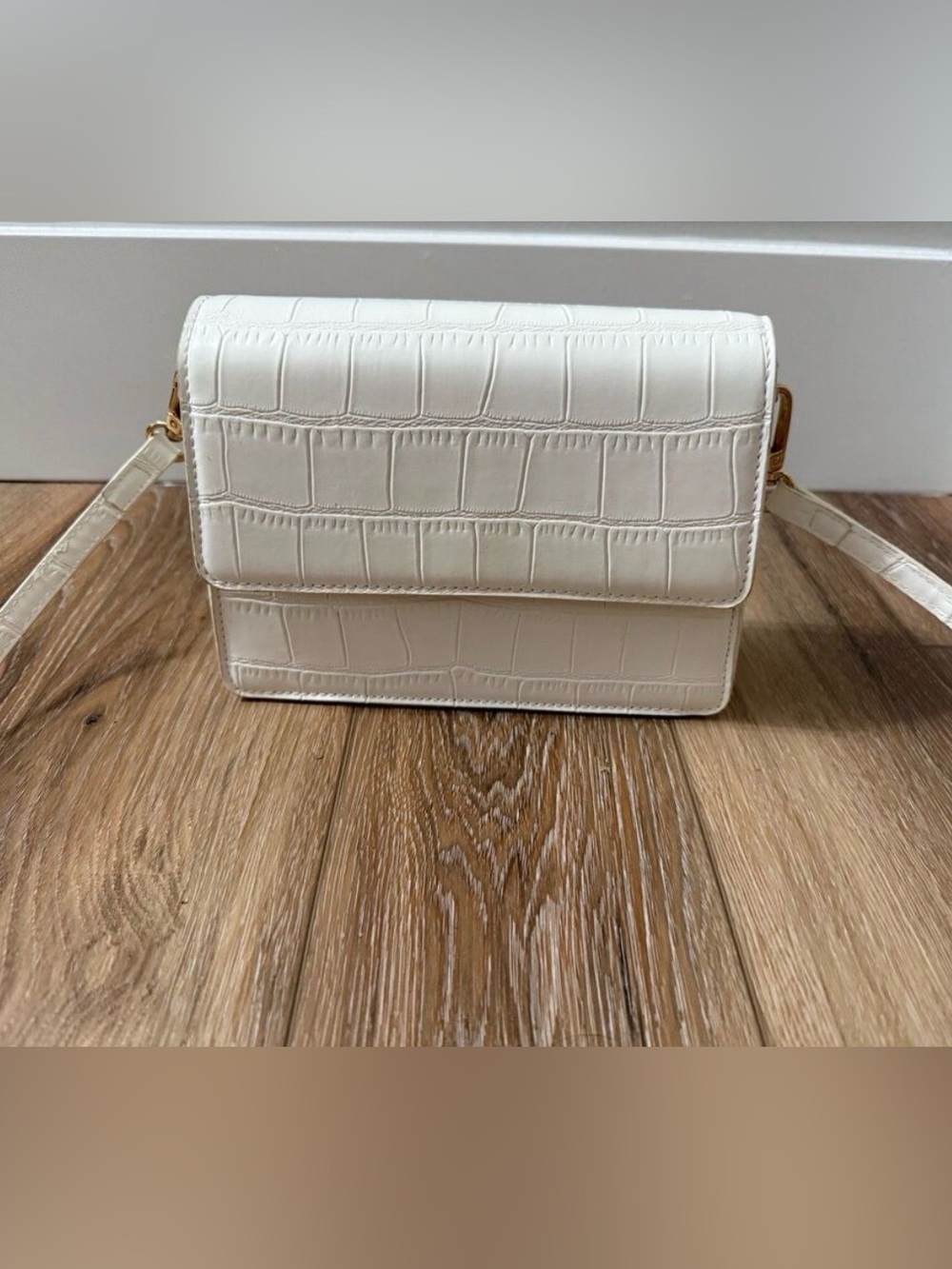 White Croc-Embossed Crossbody Bag | Structured Flap Purse | Adjustable Strap